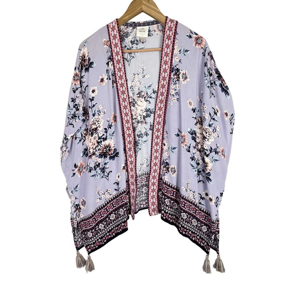 Pink Rose Tops - Knox Rose XS/S Cottagecore Boho Shawl Wrap Open Front Kimono Floral Tassels EUC